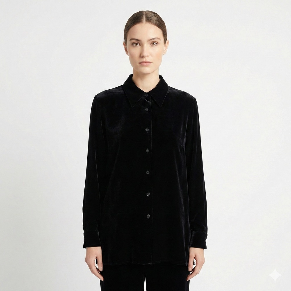 SILKLAND Rayon & Silk Blend Black Velvet Button Front Long Sleeve Shirt Sz 1X